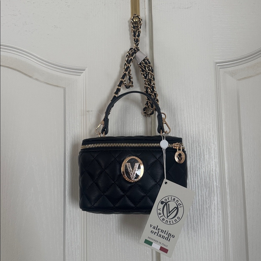 VALENTINO ORLANDI Black Quilted Vegan Cosmetic Case Crossbody Purse NWT $330 - Picture 2 of 11